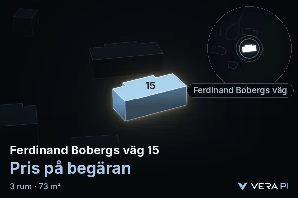 VERA PI:s bild av Ferdinand Bobergs väg 15: huset i 3D, upplyst i blått, och kartan runt omkring