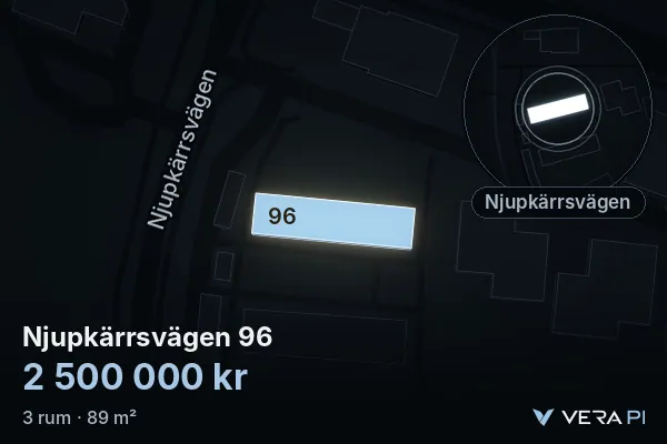 VERA PI's image of Njupkärrsvägen 96: the building in 3D, lit in blue, and the map around it