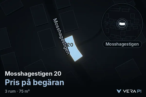 VERA PI's image of Mosshagestigen 20: the building in 3D, lit in blue, and the map around it