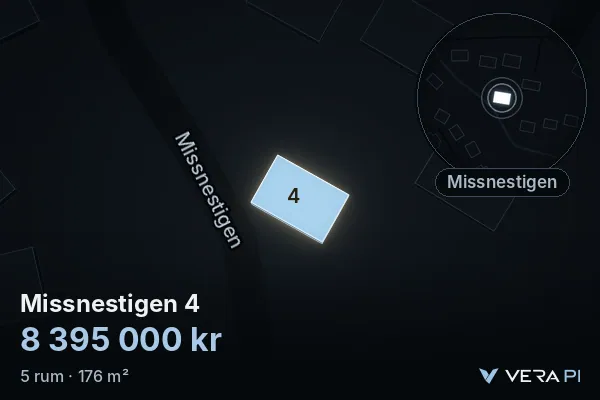 VERA PI's image of Missnestigen 4: the building in 3D, lit in blue, and the map around it
