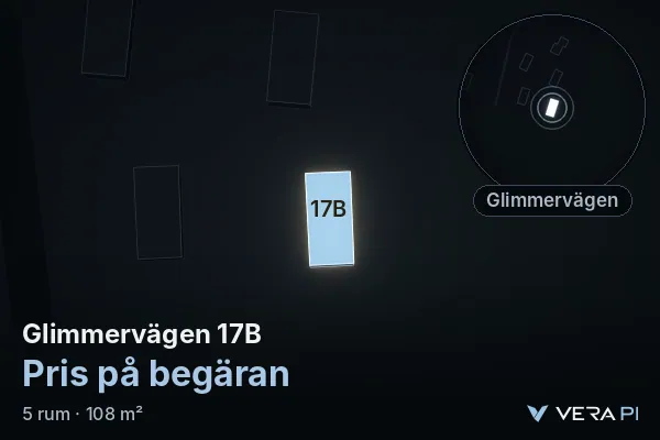 VERA PI:s bild av Glimmervägen 17B: huset i 3D, upplyst i blått, och kartan runt omkring