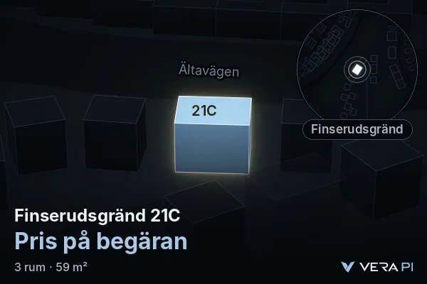 VERA PI:s bild av Finserudsgränd 21C: huset i 3D, upplyst i blått, och kartan runt omkring