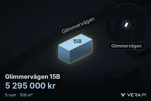 VERA PI:s bild av Glimmervägen 15B: huset i 3D, upplyst i blått, och kartan runt omkring
