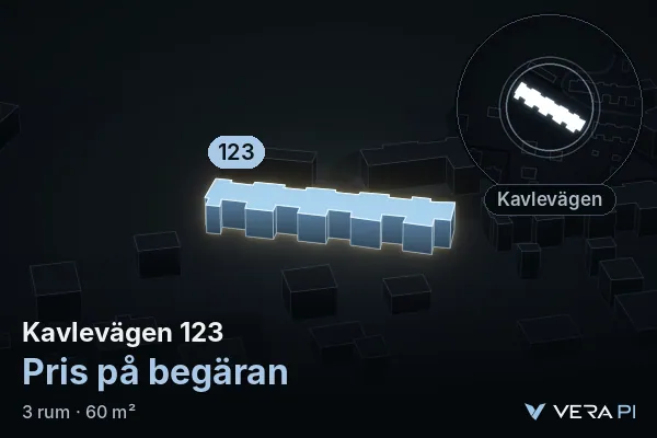 VERA PI:s bild av Kavlevägen 123: huset i 3D, upplyst i blått, och kartan runt omkring