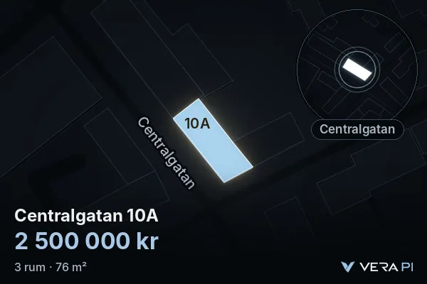 VERA PI:s bild av Centralgatan 10A: huset i 3D, upplyst i blått, och kartan runt omkring
