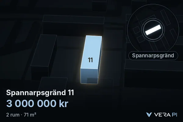 VERA PI:s bild av Spannarpsgränd 11: huset i 3D, upplyst i blått, och kartan runt omkring