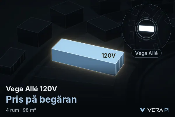 VERA PI:s bild av Vega Allé 120V: huset i 3D, upplyst i blått, och kartan runt omkring