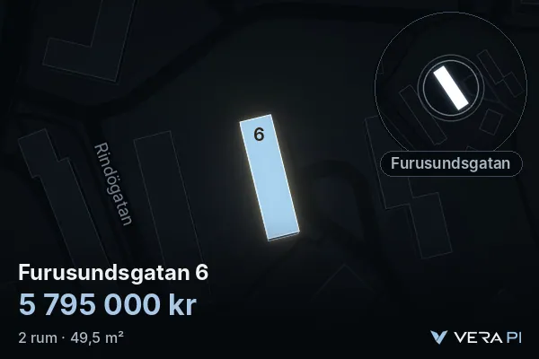 VERA PI:s bild av Furusundsgatan 6: huset i 3D, upplyst i blått, och kartan runt omkring