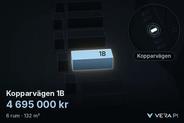 VERA PI:s bild av Kopparvägen 1B: huset i 3D, upplyst i blått, och kartan runt omkring