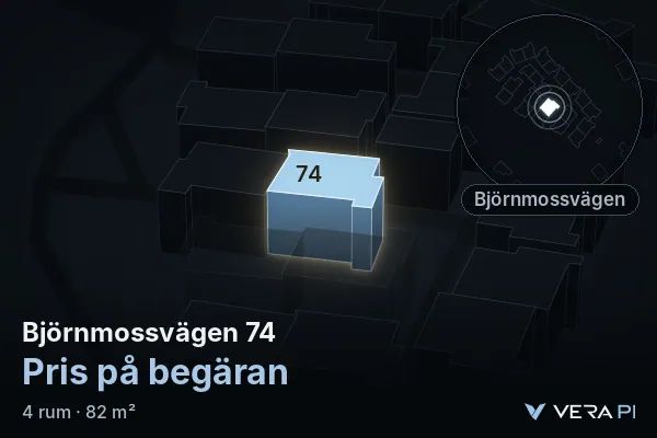 VERA PI:s bild av Björnmossvägen 74: huset i 3D, upplyst i blått, och kartan runt omkring