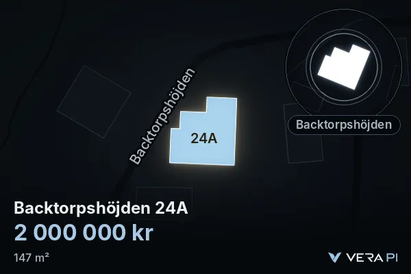 VERA PI:s bild av Backtorpshöjden 24A: huset i 3D, upplyst i blått, och kartan runt omkring