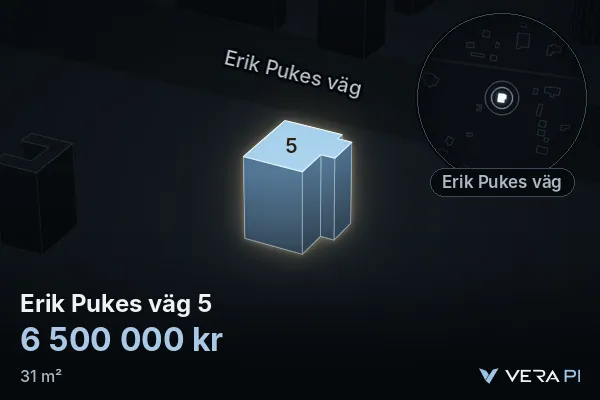VERA PI's image of Erik Pukes väg 5: the building in 3D, lit in blue, and the map around it