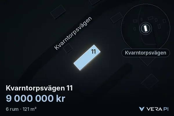 VERA PI:s bild av Kvarntorpsvägen 11: huset i 3D, upplyst i blått, och kartan runt omkring