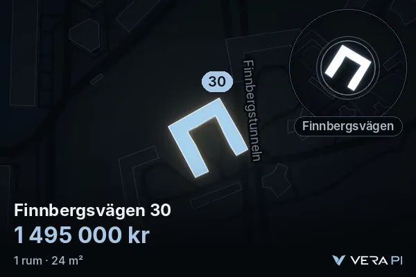 VERA PI:s bild av Finnbergsvägen 30: huset i 3D, upplyst i blått, och kartan runt omkring