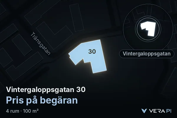 VERA PI:s bild av Vintergaloppsgatan 30: huset i 3D, upplyst i blått, och kartan runt omkring