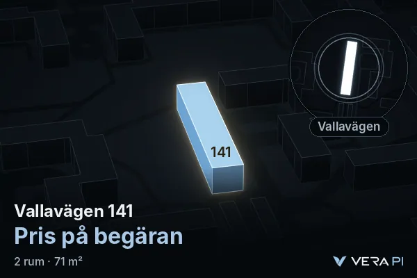 VERA PI:s bild av Vallavägen 141: huset i 3D, upplyst i blått, och kartan runt omkring
