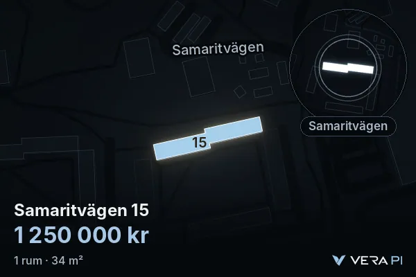 VERA PI's image of Samaritvägen 15: the building in 3D, lit in blue, and the map around it