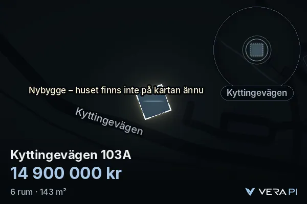 VERA PI's image of Kyttingevägen 103A: the building in 3D, lit in blue, and the map around it