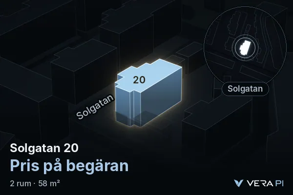 VERA PI's image of Solgatan 20: the building in 3D, lit in blue, and the map around it