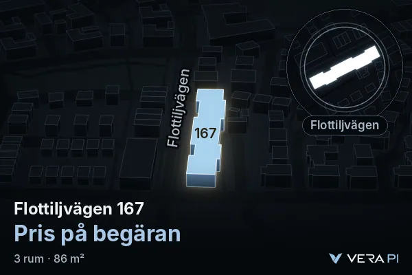 VERA PI's image of Flottiljvägen 167: the building in 3D, lit in blue, and the map around it