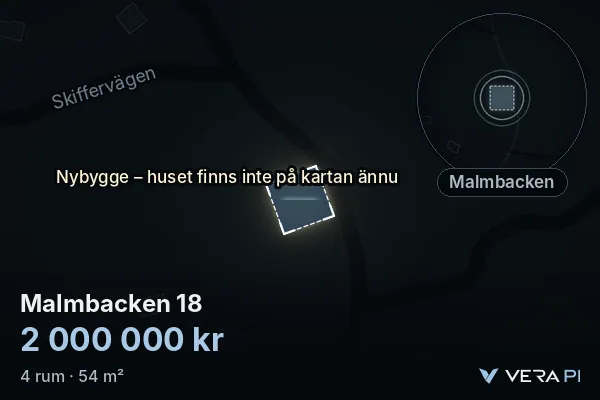 VERA PI's image of Malmbacken 18: the building in 3D, lit in blue, and the map around it