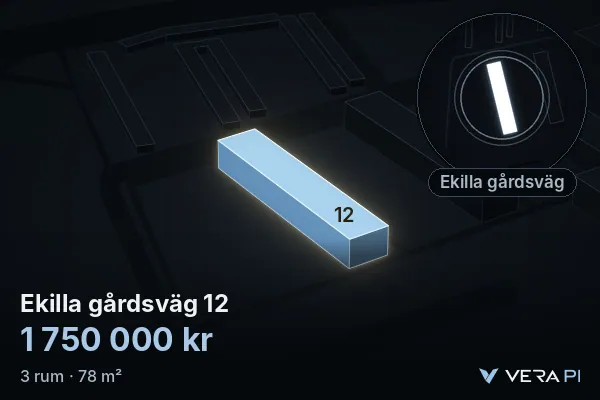 VERA PI's image of Ekilla gårdsväg 12: the building in 3D, lit in blue, and the map around it