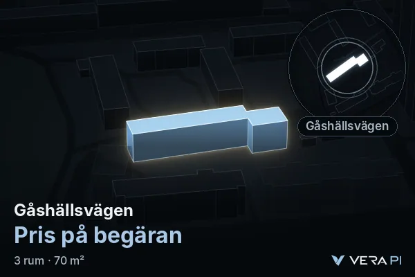 VERA PI's image of Gåshällsvägen: the building in 3D, lit in blue, and the map around it