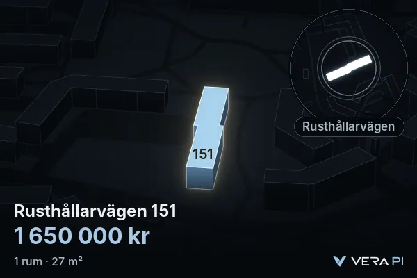 VERA PI:s bild av Rusthållarvägen 151: huset i 3D, upplyst i blått, och kartan runt omkring