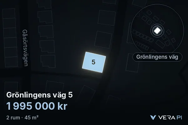 VERA PI:s bild av Grönlingens väg 5: huset i 3D, upplyst i blått, och kartan runt omkring