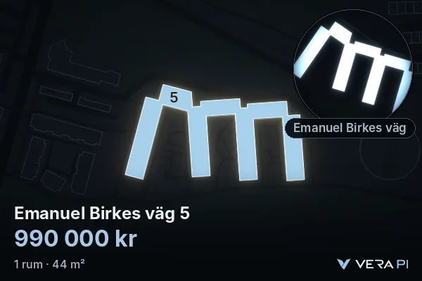 VERA PI's image of Emanuel Birkes väg 5: the building in 3D, lit in blue, and the map around it