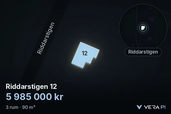 VERA PI's image of Riddarstigen 12: the building in 3D, lit in blue, and the map around it