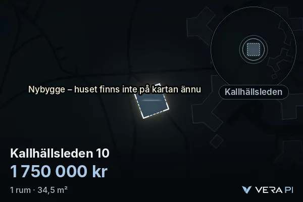 VERA PI's image of Kallhällsleden 10: the building in 3D, lit in blue, and the map around it