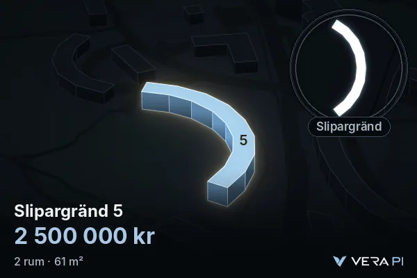 VERA PI:s bild av Slipargränd 5: huset i 3D, upplyst i blått, och kartan runt omkring
