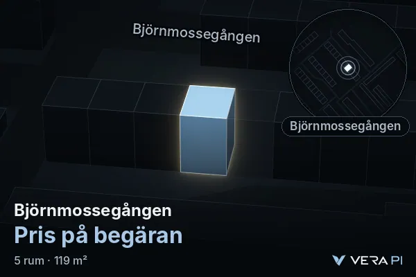 VERA PI:s bild av Björnmossegången: huset i 3D, upplyst i blått, och kartan runt omkring