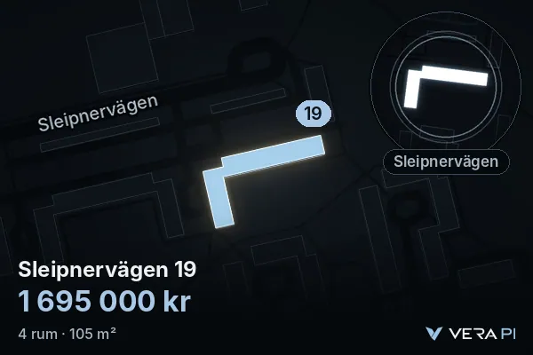 VERA PI:s bild av Sleipnervägen 19: huset i 3D, upplyst i blått, och kartan runt omkring