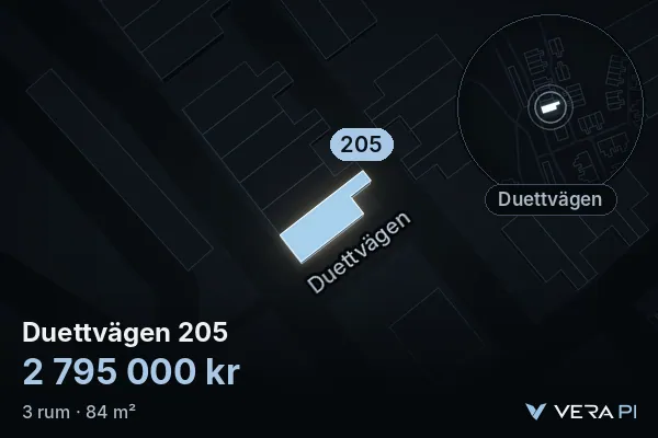 VERA PI:s bild av Duettvägen 205: huset i 3D, upplyst i blått, och kartan runt omkring