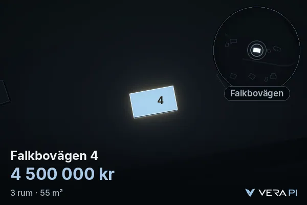 VERA PI's image of Falkbovägen 4: the building in 3D, lit in blue, and the map around it