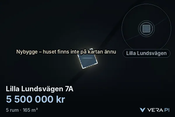 VERA PI:s bild av Lilla Lundsvägen 7A: huset i 3D, upplyst i blått, och kartan runt omkring
