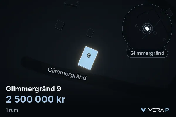 VERA PI's image of Glimmergränd 9: the building in 3D, lit in blue, and the map around it