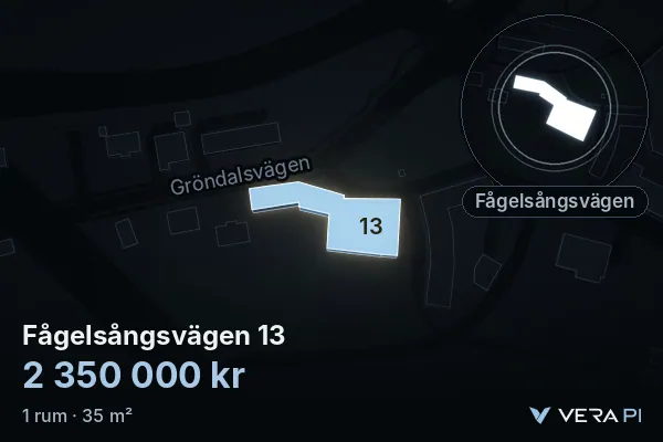 VERA PI:s bild av Fågelsångsvägen 13: huset i 3D, upplyst i blått, och kartan runt omkring