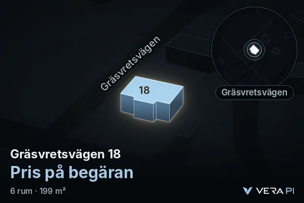 VERA PI:s bild av Gräsvretsvägen 18: huset i 3D, upplyst i blått, och kartan runt omkring