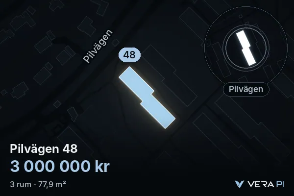 VERA PI's image of Pilvägen 48: the building in 3D, lit in blue, and the map around it
