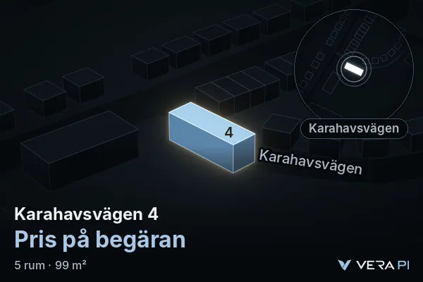 VERA PI:s bild av Karahavsvägen 4: huset i 3D, upplyst i blått, och kartan runt omkring