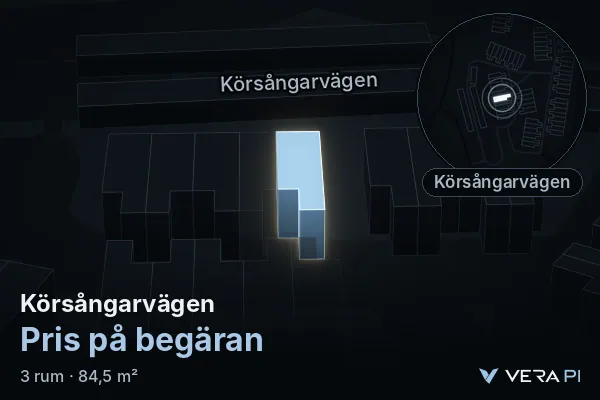VERA PI:s bild av Körsångarvägen: huset i 3D, upplyst i blått, och kartan runt omkring
