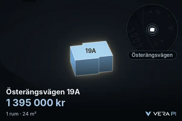 VERA PI's image of Österängsvägen 19A: the building in 3D, lit in blue, and the map around it