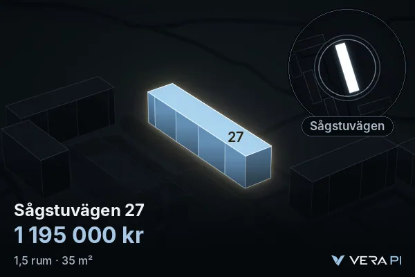 VERA PI:s bild av Sågstuvägen 27: huset i 3D, upplyst i blått, och kartan runt omkring