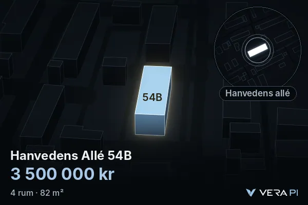 VERA PI:s bild av Hanvedens Allé 54B: huset i 3D, upplyst i blått, och kartan runt omkring