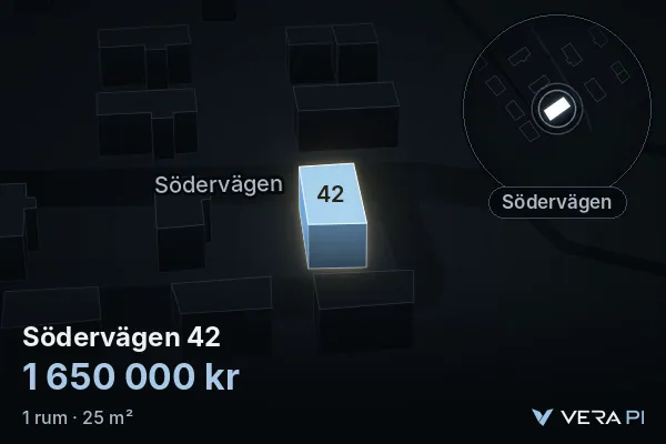 VERA PI:s bild av Södervägen 42: huset i 3D, upplyst i blått, och kartan runt omkring