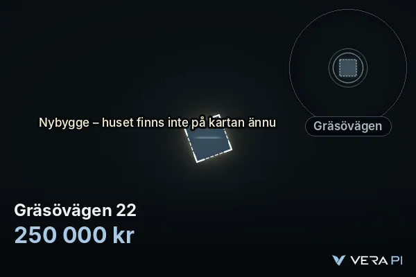 VERA PI:s bild av Gräsövägen 22: huset i 3D, upplyst i blått, och kartan runt omkring