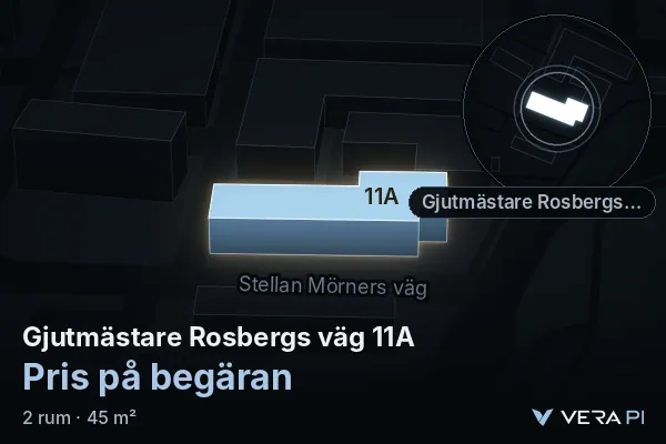 VERA PI's image of Gjutmästare Rosbergs väg 11A: the building in 3D, lit in blue, and the map around it